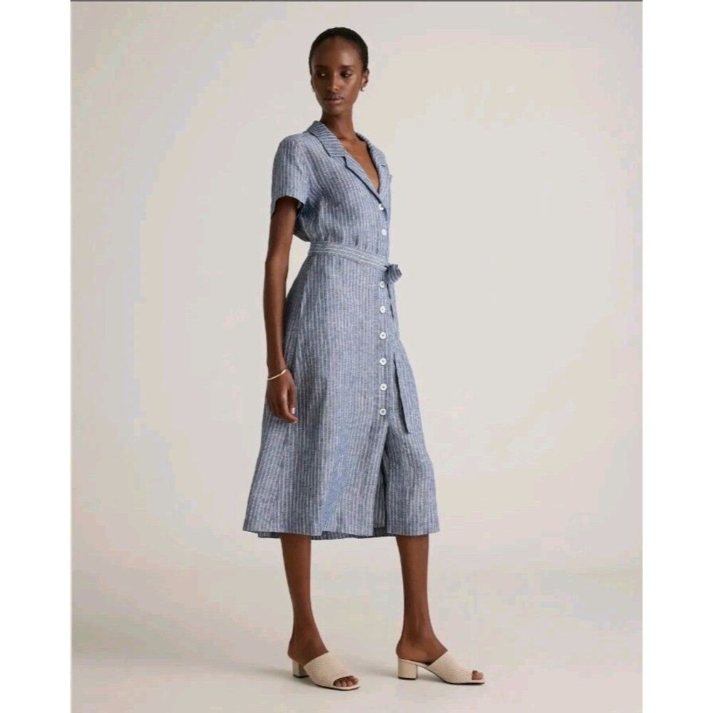 Quince European Linen Button Front Dress Size M Blue Stripe Short Sleeve Belt